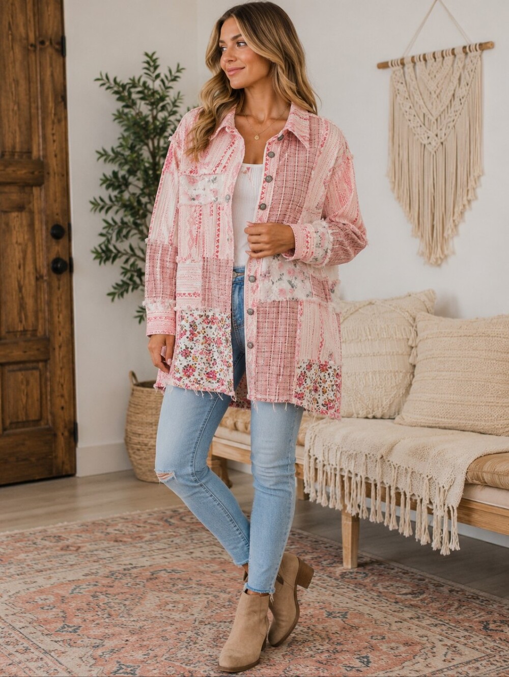 POL NWT Pink Patchwork Floral Boho Blouse Small A-112